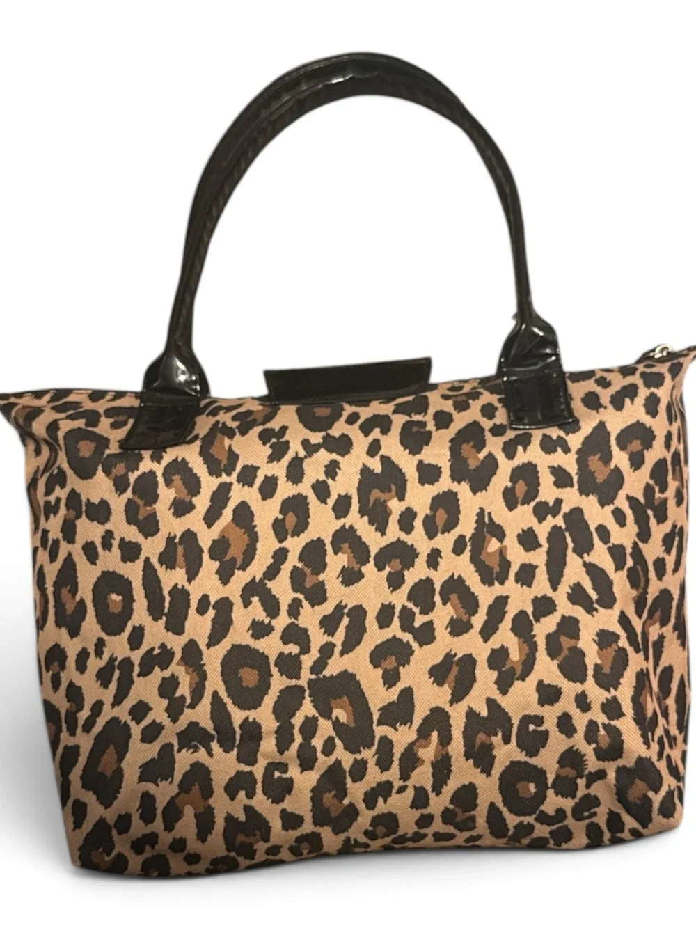 Leopard Print Tote Bag with Black Patent Trim